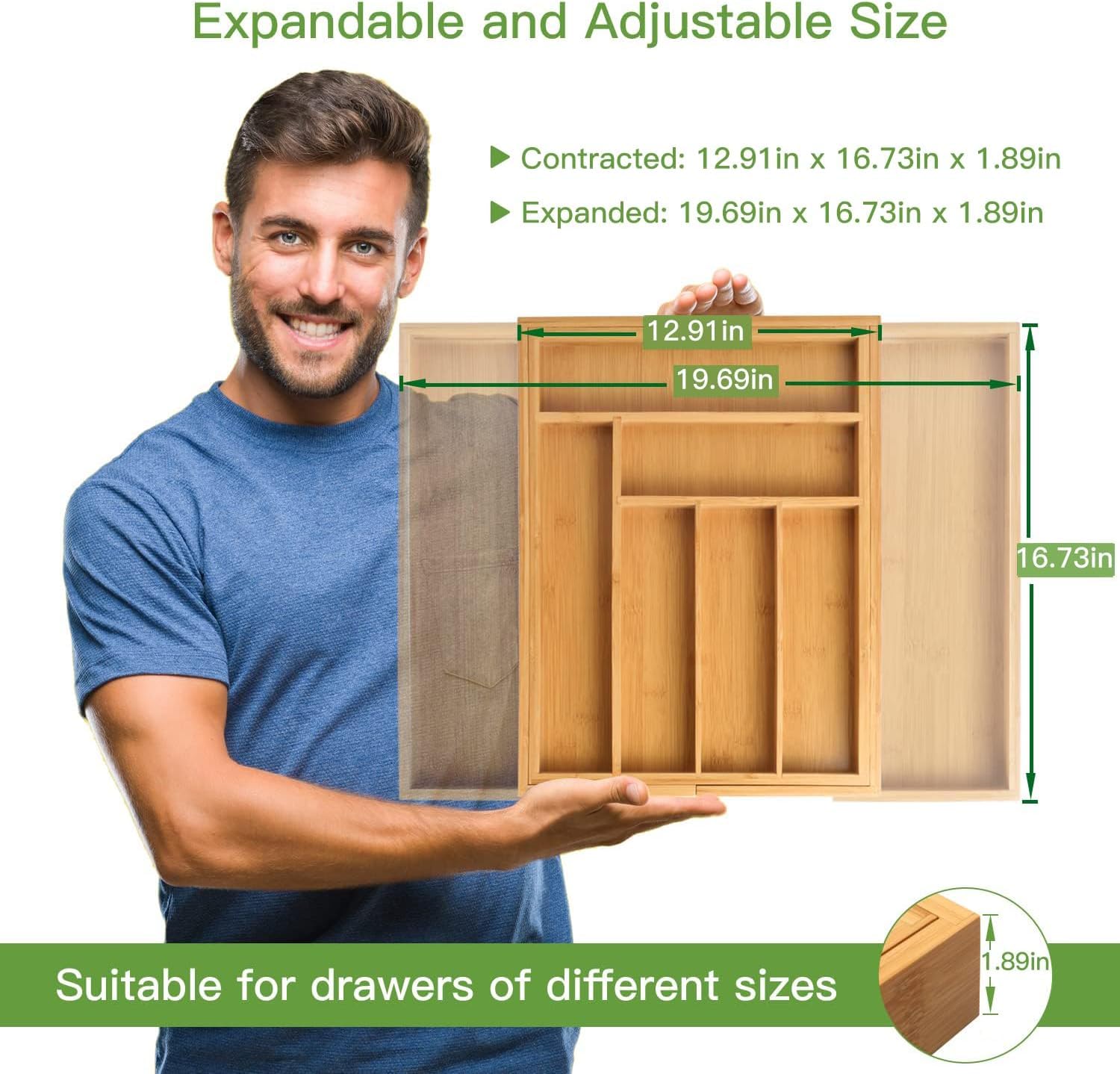 Pipishell organizer fully expanded in drawer demonstrating adjustable width and improved utensil separation