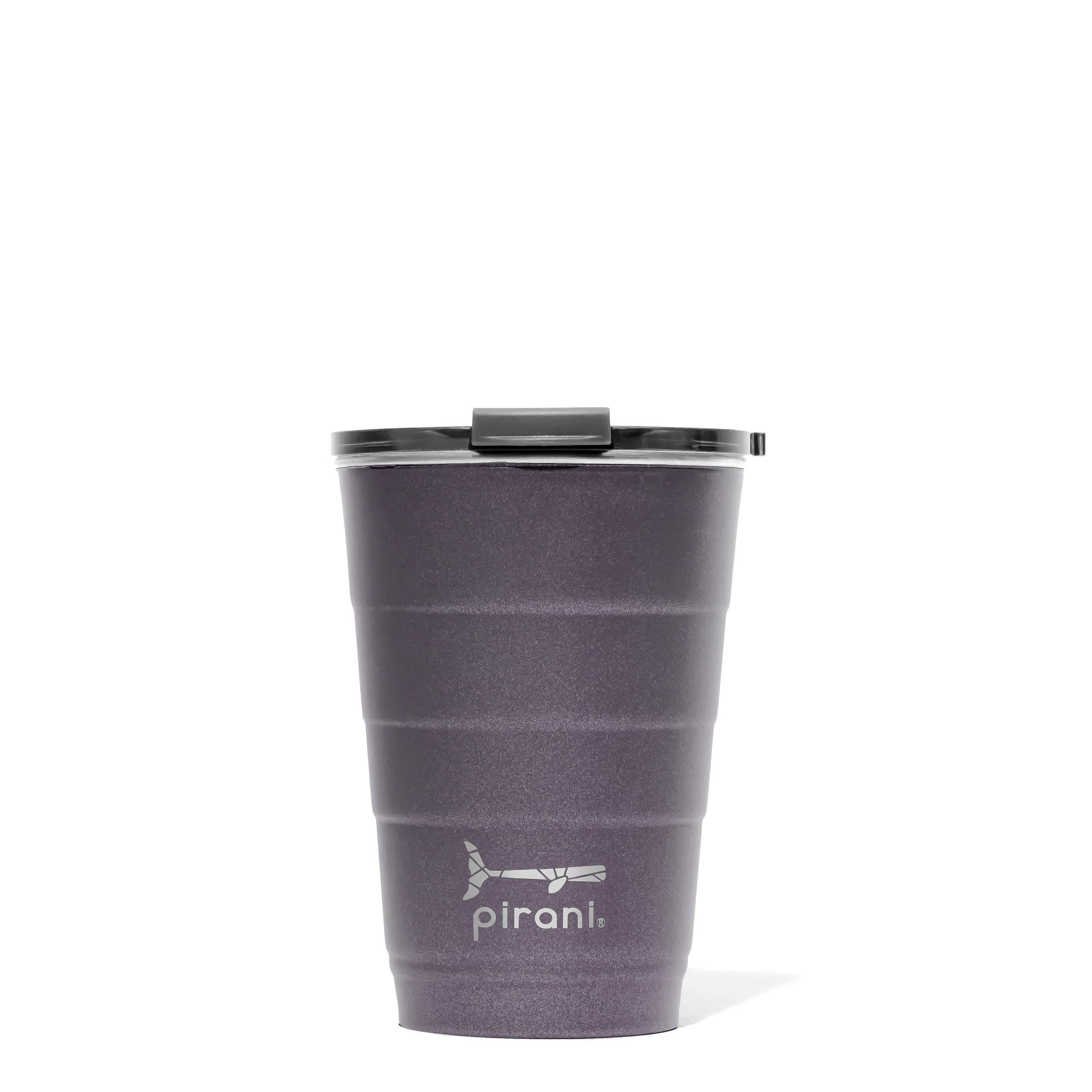Pirani 16oz slate front view showing sleek design and leak-resistant lid