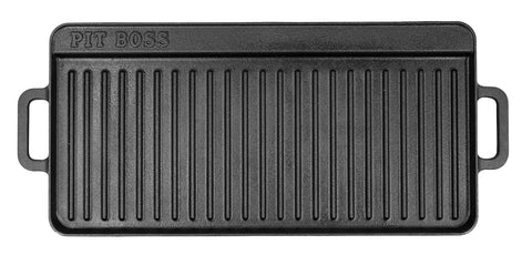 Pit Boss front view showing full reversible griddle and sturdy cast iron construction for durability