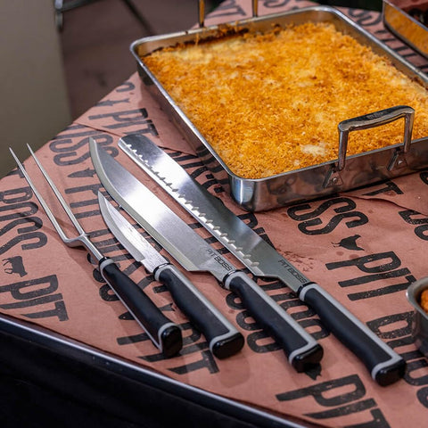 PIT BOSS sheaths with fork beside ruler showing safe transport and compact size