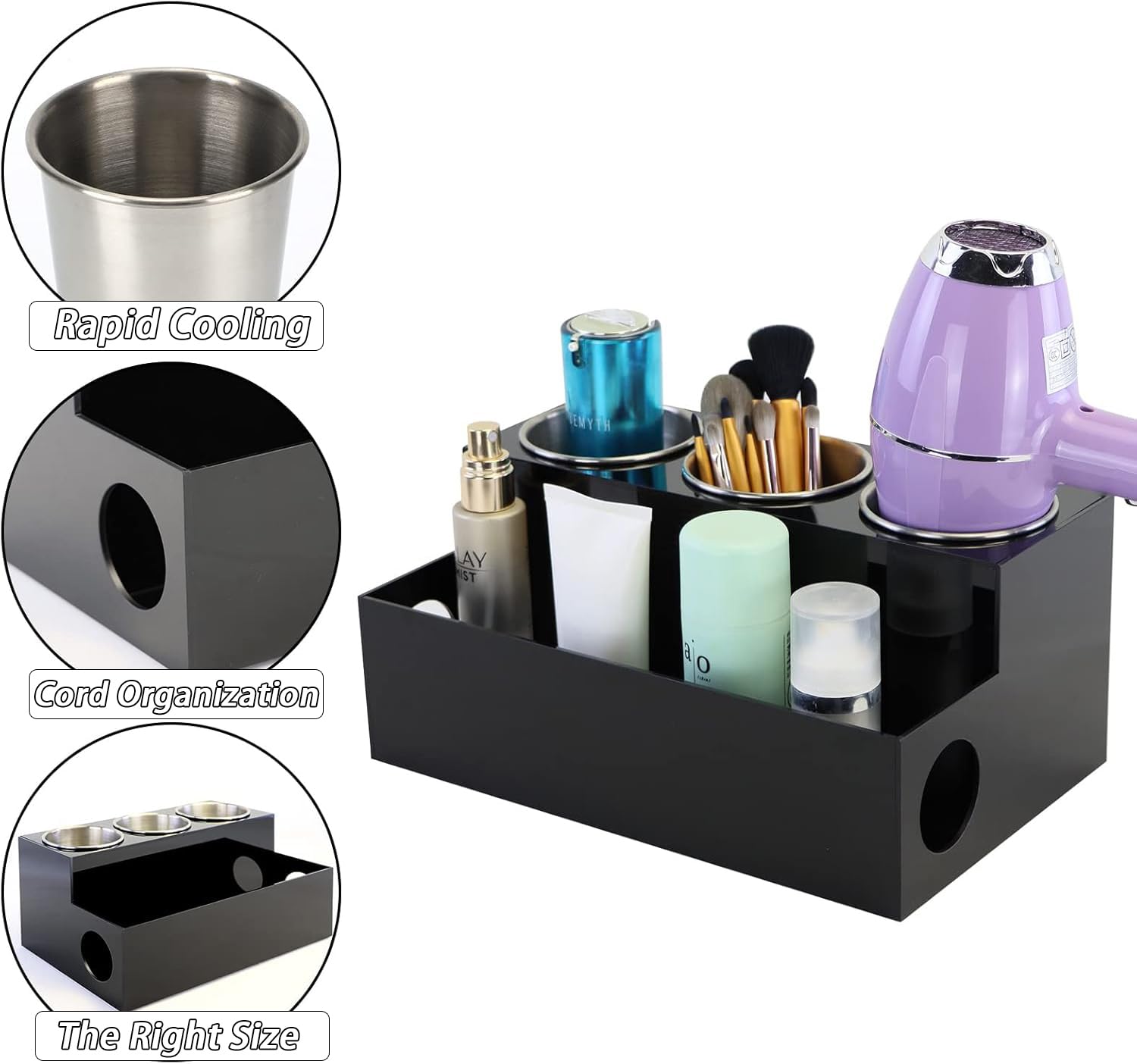 PITBVO organizer with hair dryer and iron in use for quick styling