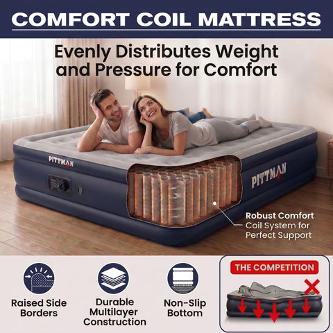 Pittman Outdoors mattress next to chair showing scale and spacious queen sleeping area benefit