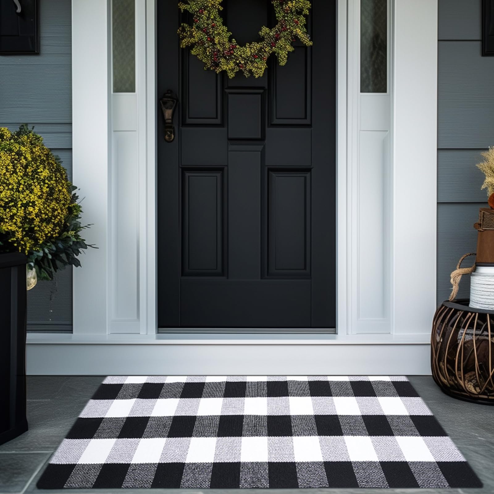 PIXFAIRY front view of black white buffalo plaid rug shows bold pattern and rustic charm