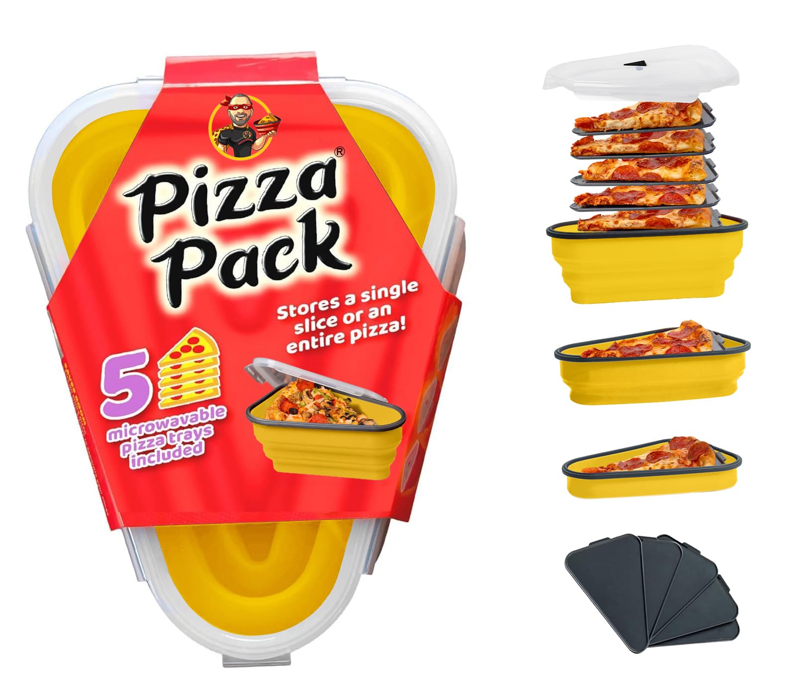 PIZZA PACK front view showing compact yellow container and convenience