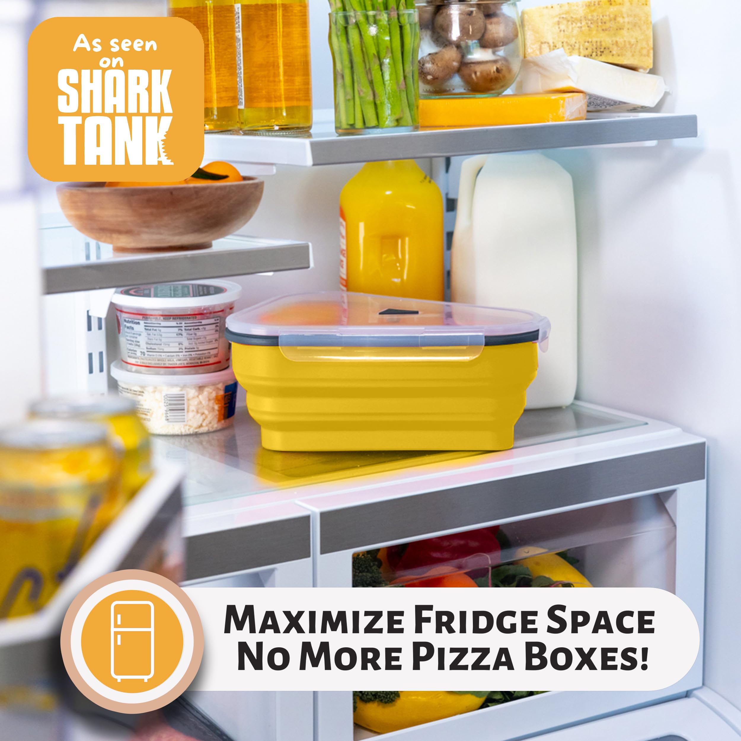 PIZZA PACK stacked in fridge demonstrating neat, space-saving organization