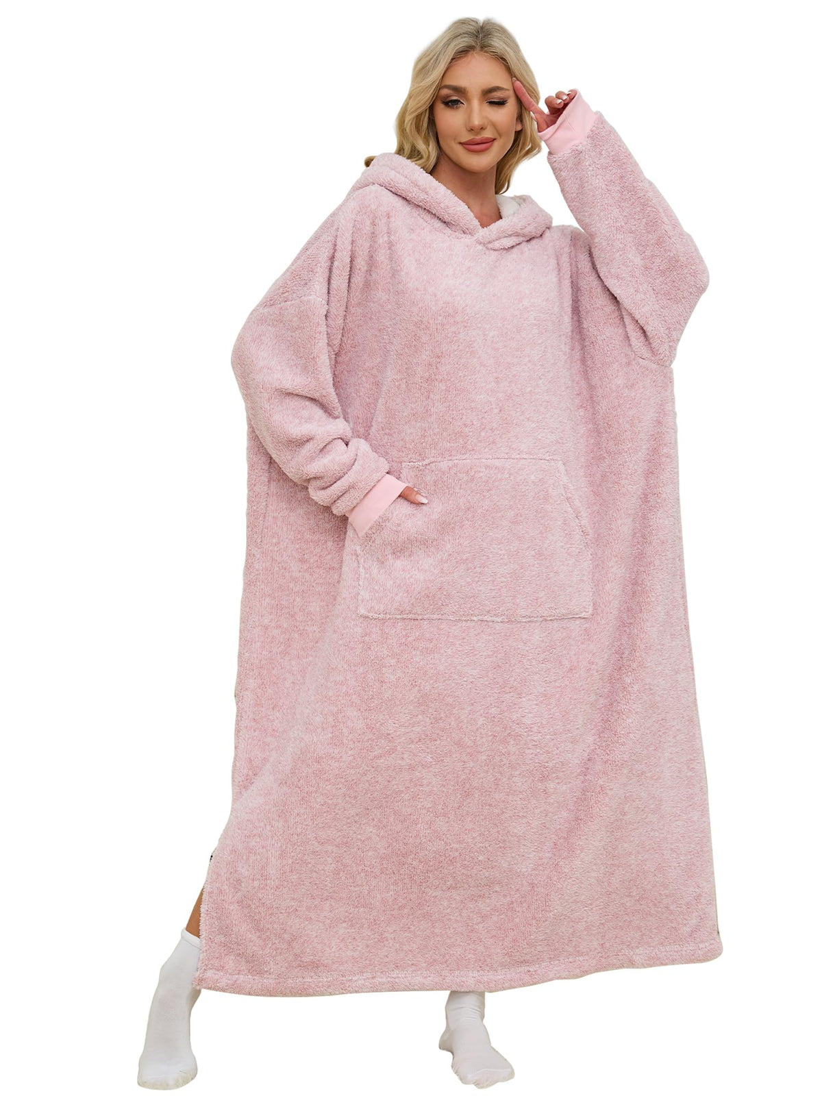 PJGGZ front view of snuggy blanket hoodie showing full-length coverage and soft look