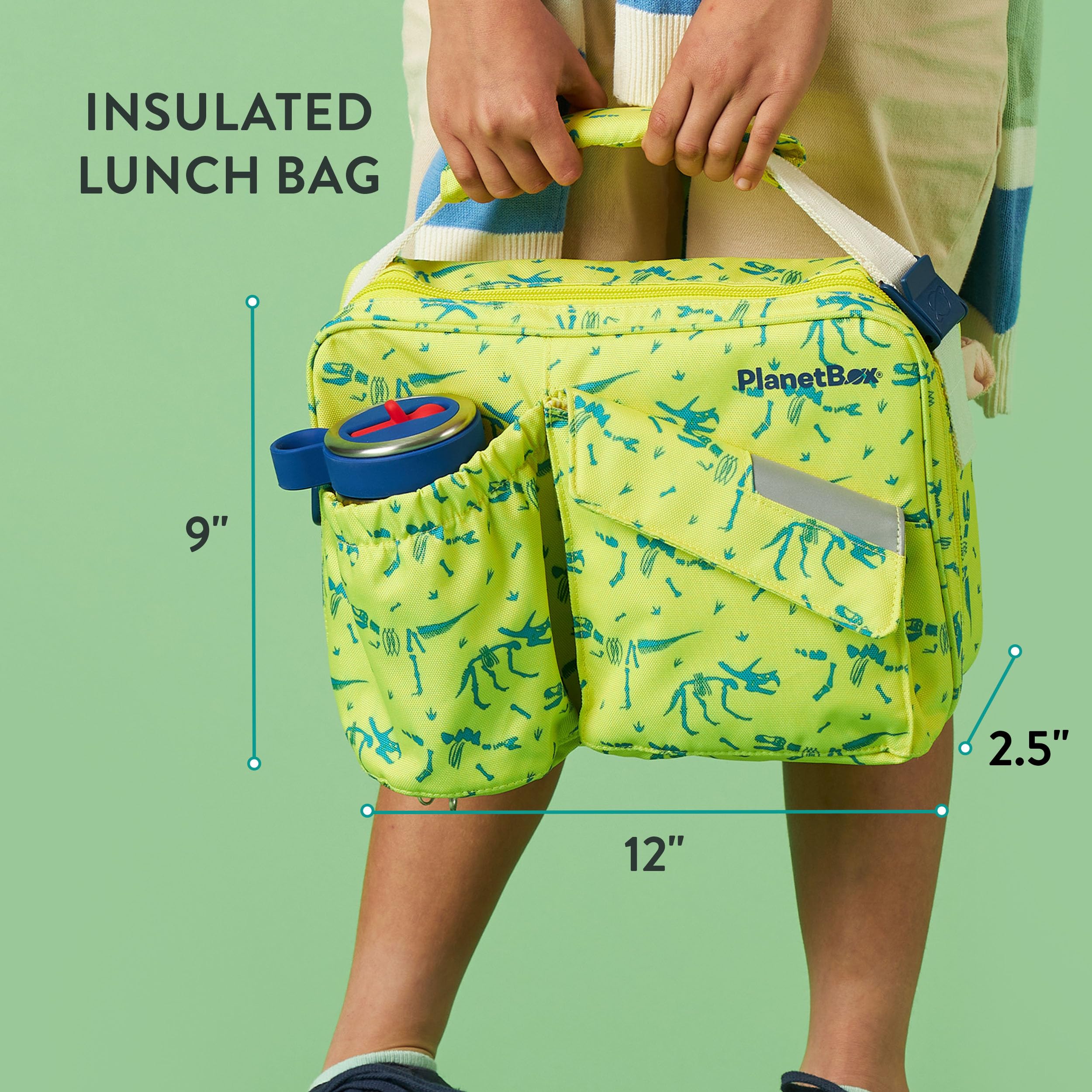 PlanetBox bag interior pockets holding utensils and ice pack for organized lunches benefit