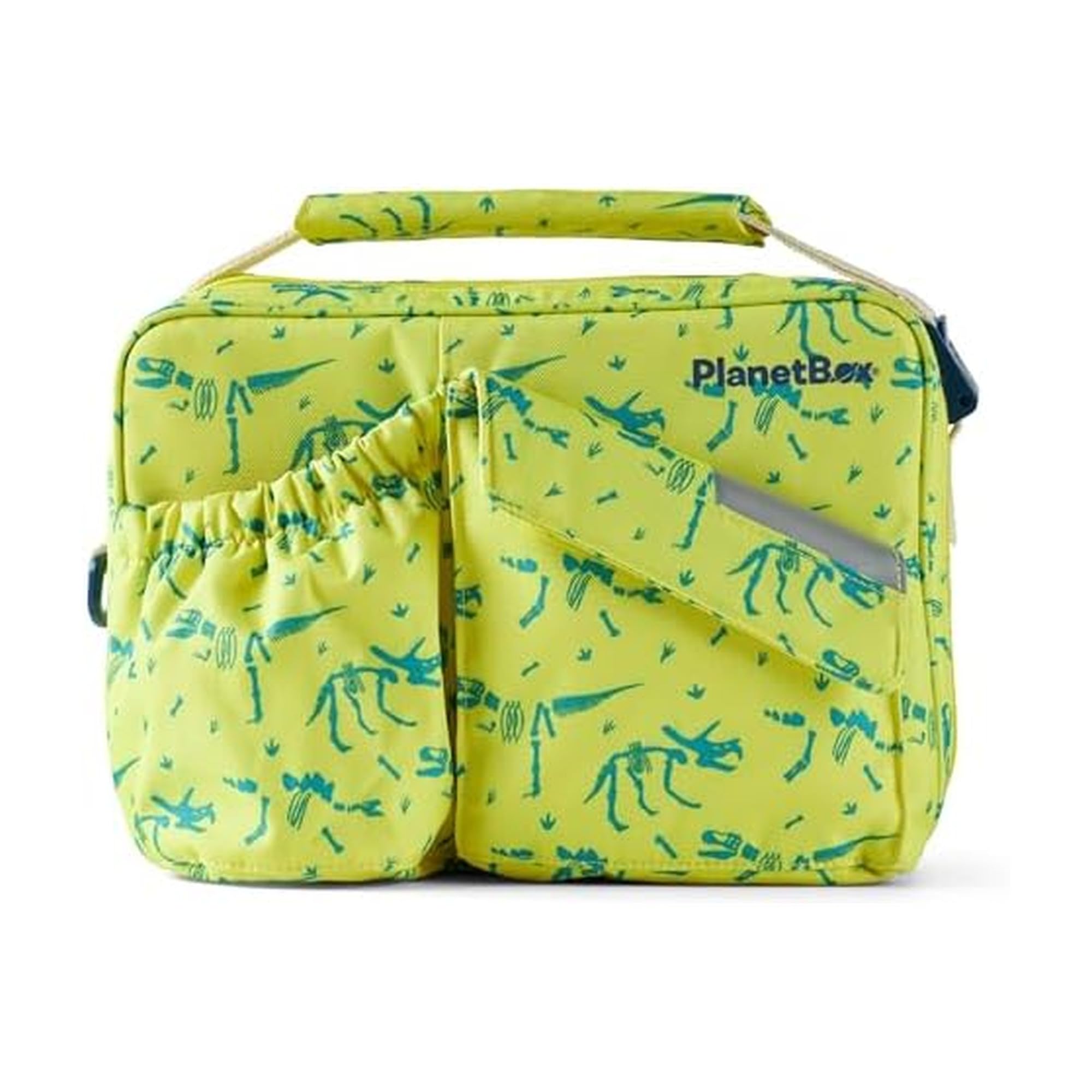 PlanetBox Banana Dino front view showing playful print and durable exterior providing style and protection
