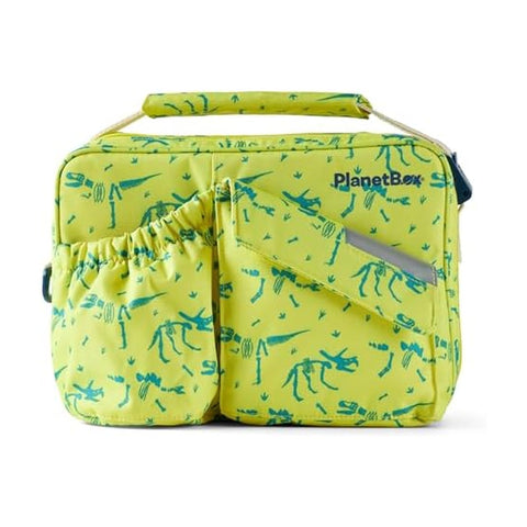 PlanetBox Banana Dino front view showing playful print and durable exterior providing style and protection