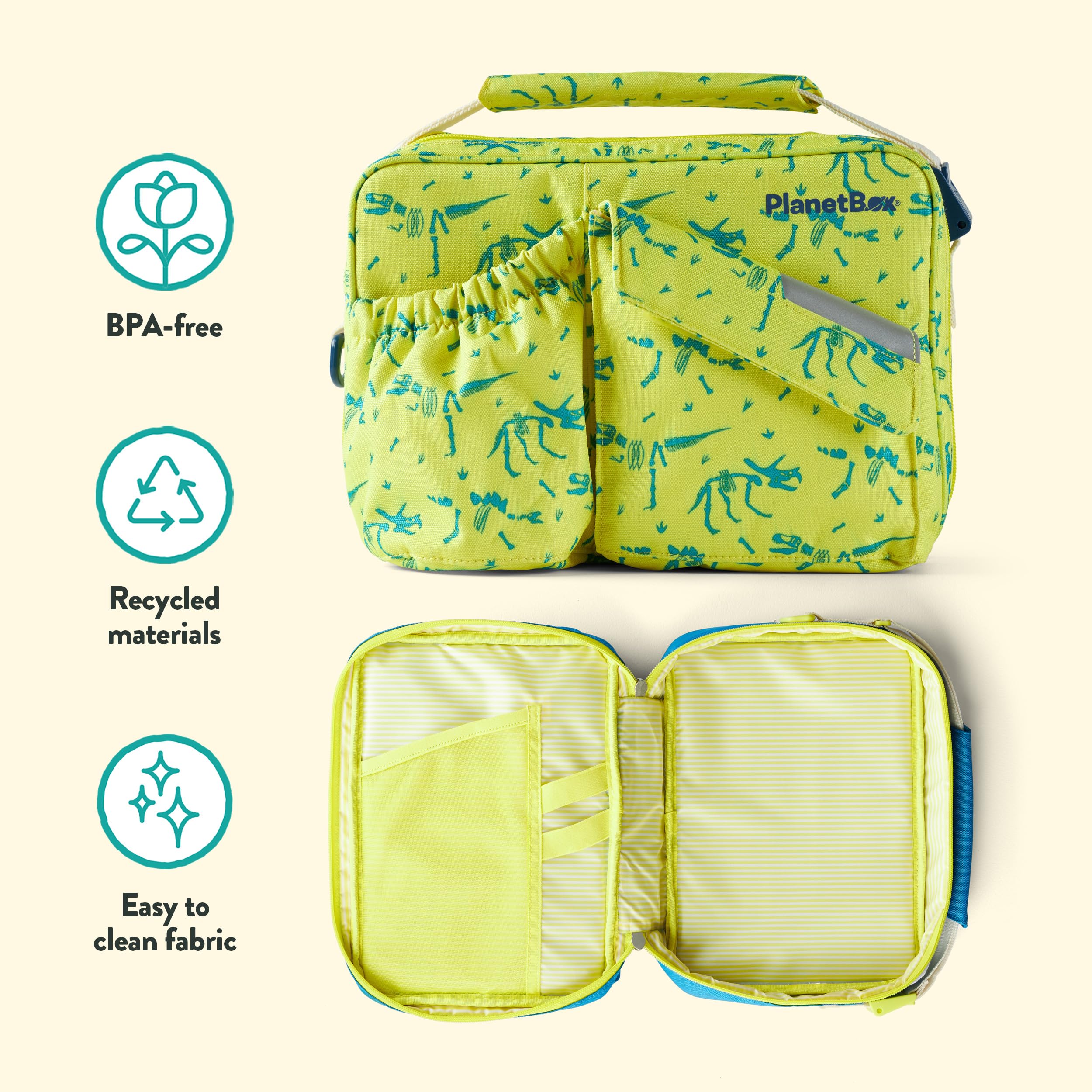 PlanetBox Banana Dino mesh pocket with ice pack demonstrating chilled-snack support and flexible storage