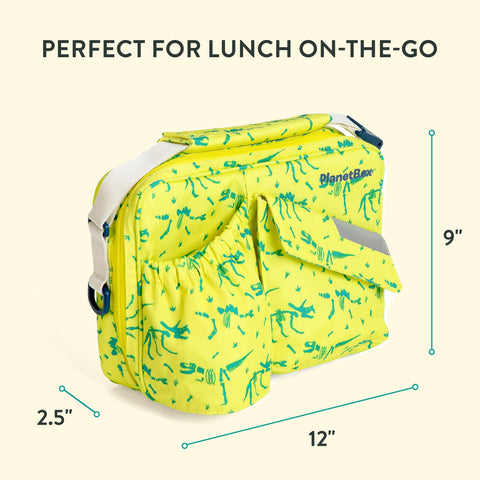 PlanetBox Banana Dino outer pocket holding a water bottle for quick hydration access at school