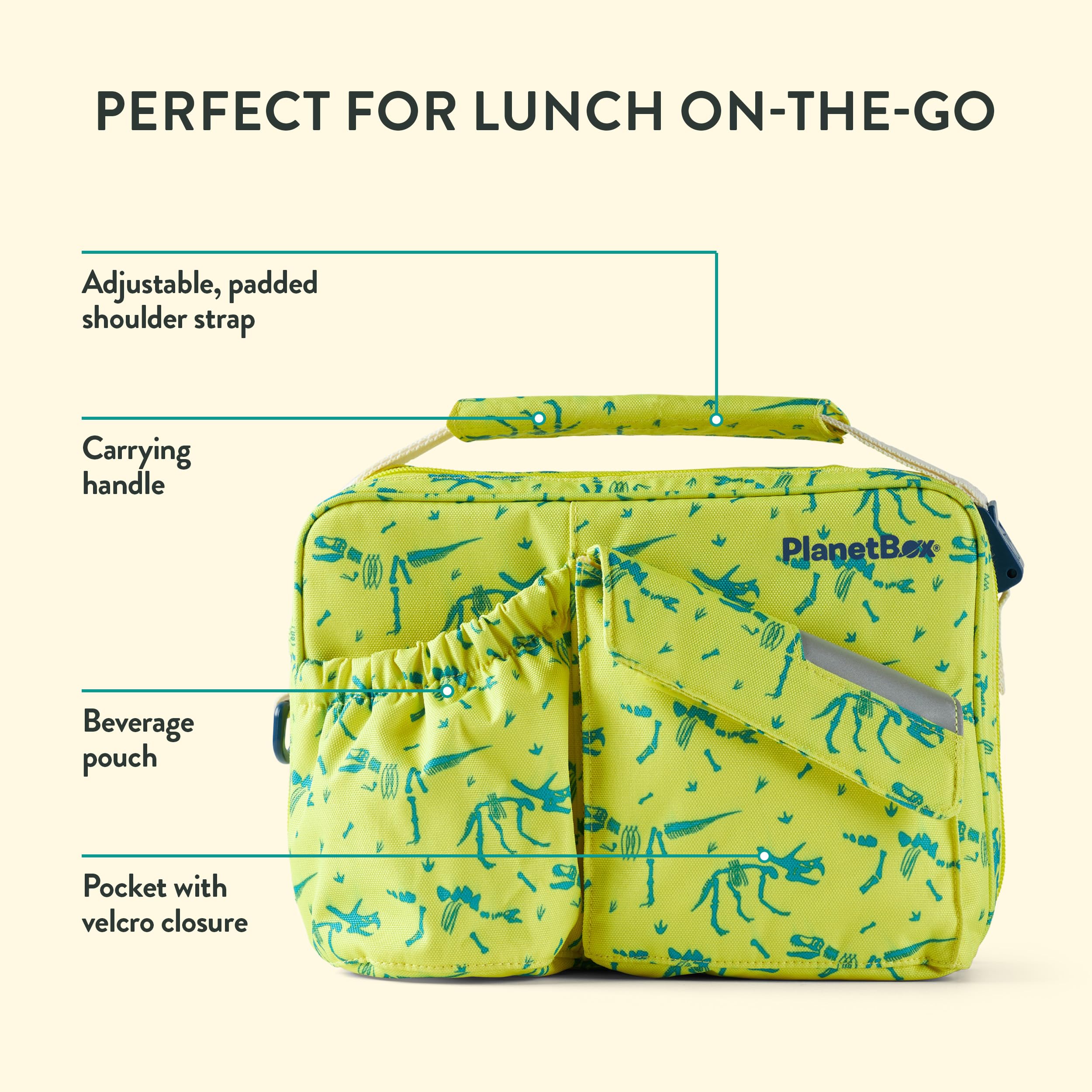 PlanetBox Banana Dino beside a lunchbox illustrating size and portability for backpacks and cubbies