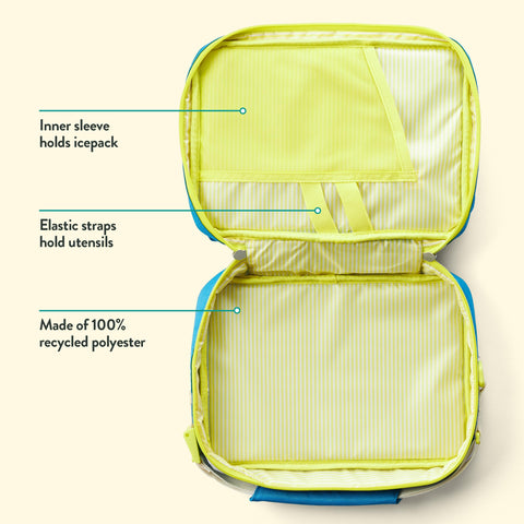 PlanetBox Banana Dino close up of strap and zipper showing reinforced stitching for lasting reliability