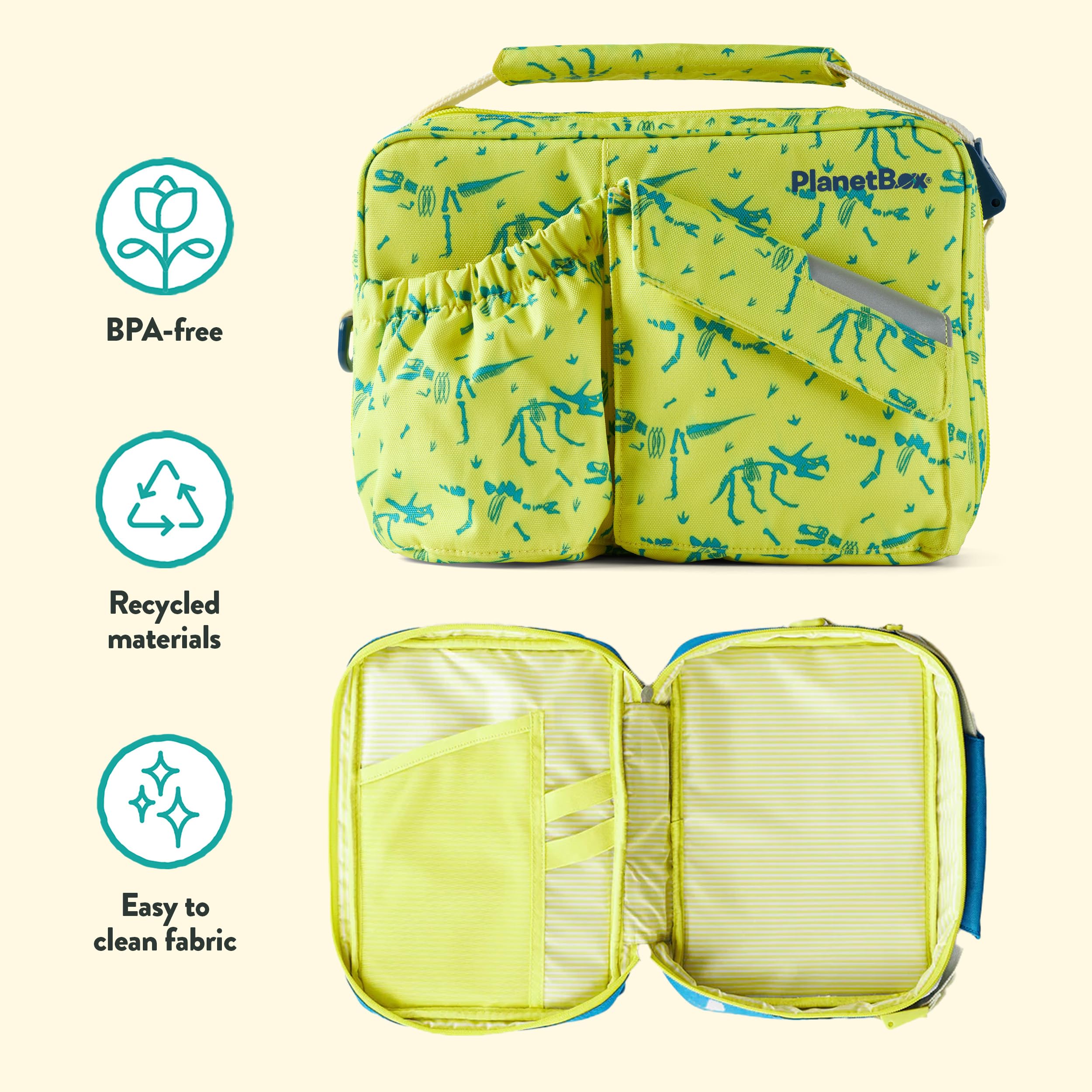 PlanetBox Dino Dig magnet set arranged on lid adding personalization and fun benefit