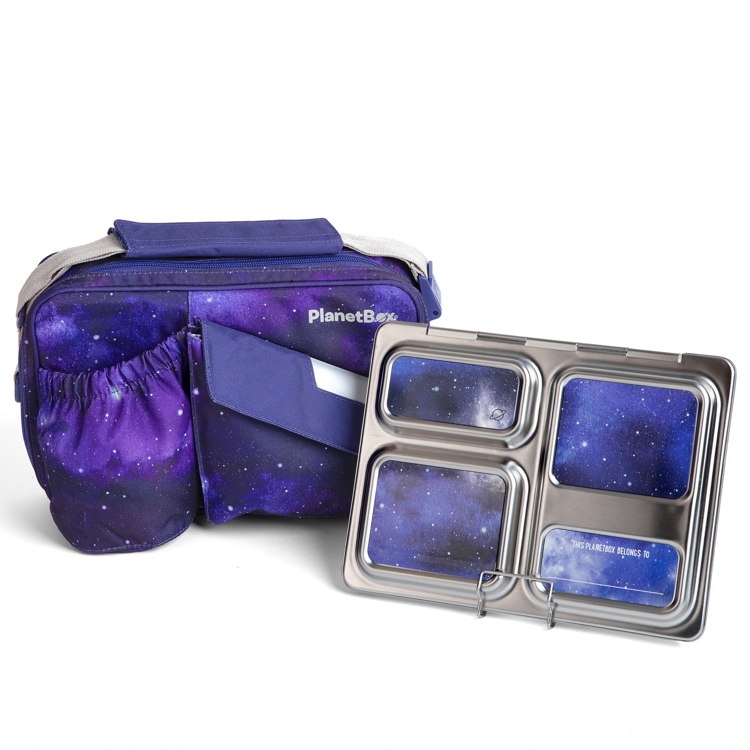 PlanetBox Launch front view Stardust edition showing sturdy stainless-steel box and latch benefits portability