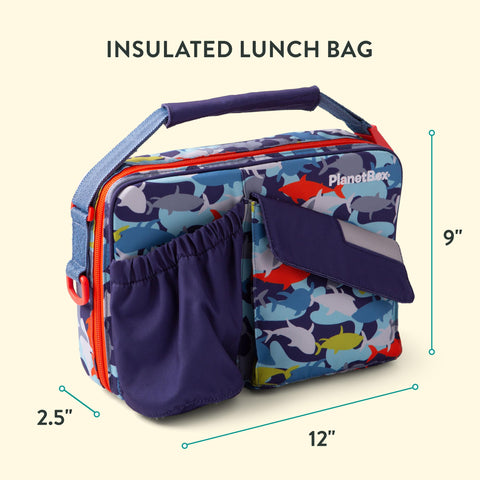 PlanetBox lunch kit inside bag with pockets demonstrating organized storage benefit