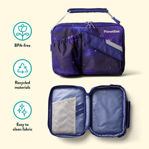 PlanetBox magnet set arranged on lid showing personalization fun and encouraging kids to carry lunches