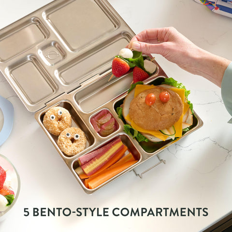 PlanetBox Rover open top view with five compartments ready for varied kid-friendly meals