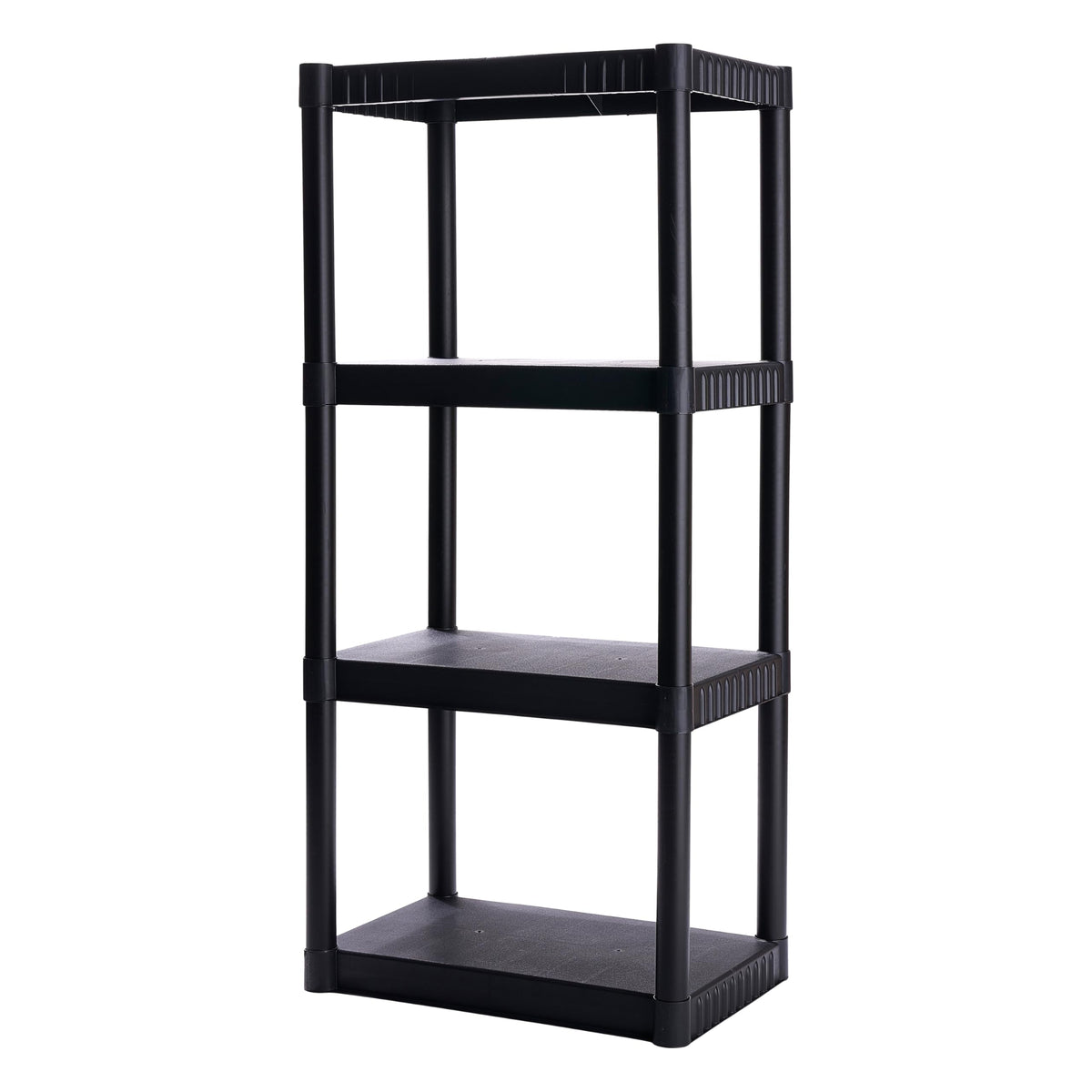 Plano front view of assembled shelving unit showing stable storage benefit