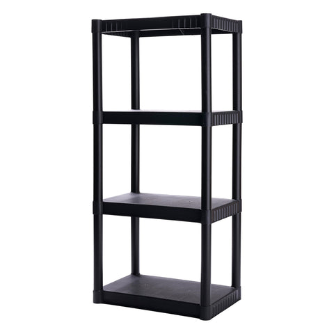 Plano front view of assembled shelving unit showing stable storage benefit