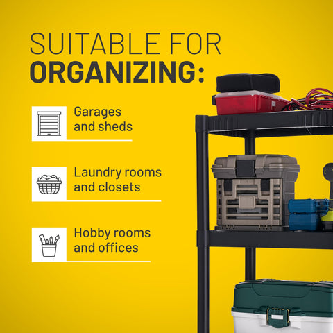 Plano shelving in garage storing gear to free floor space benefit