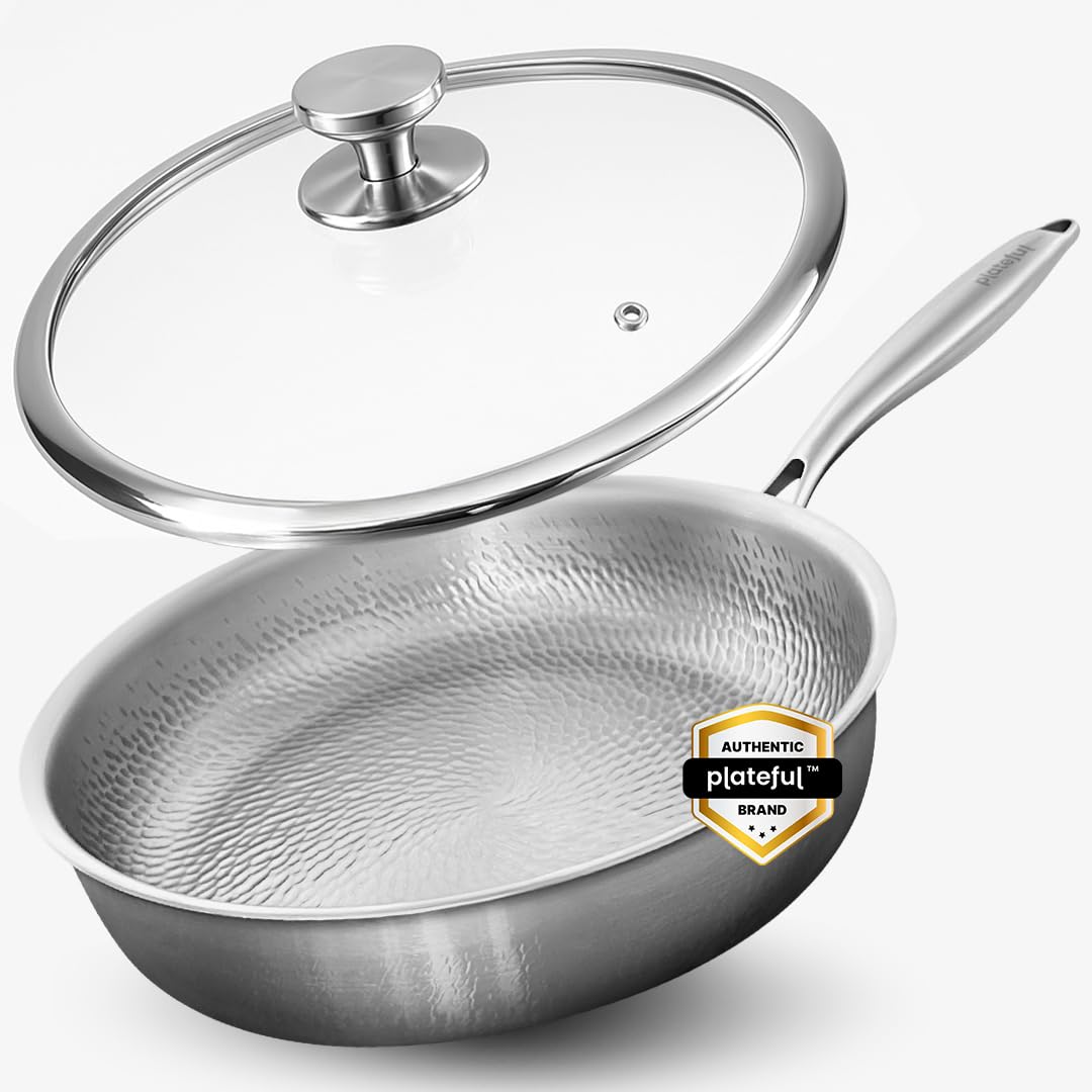 Plateful 12-inch pan front view showing durable titanium and lid benefit: long-lasting cookware