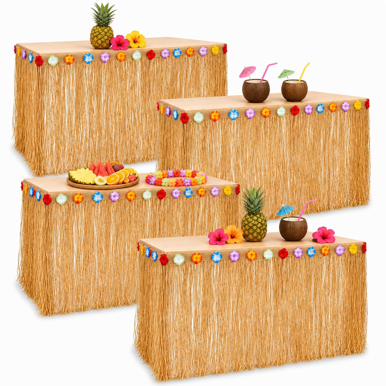 Playbees front packaging showing four grass table skirts, easy party setup