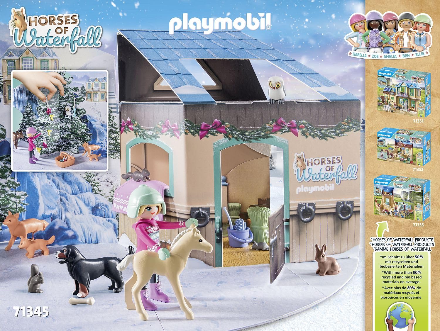 Playmobil horses wearing blanket and feeding scene demonstrating nurturing play