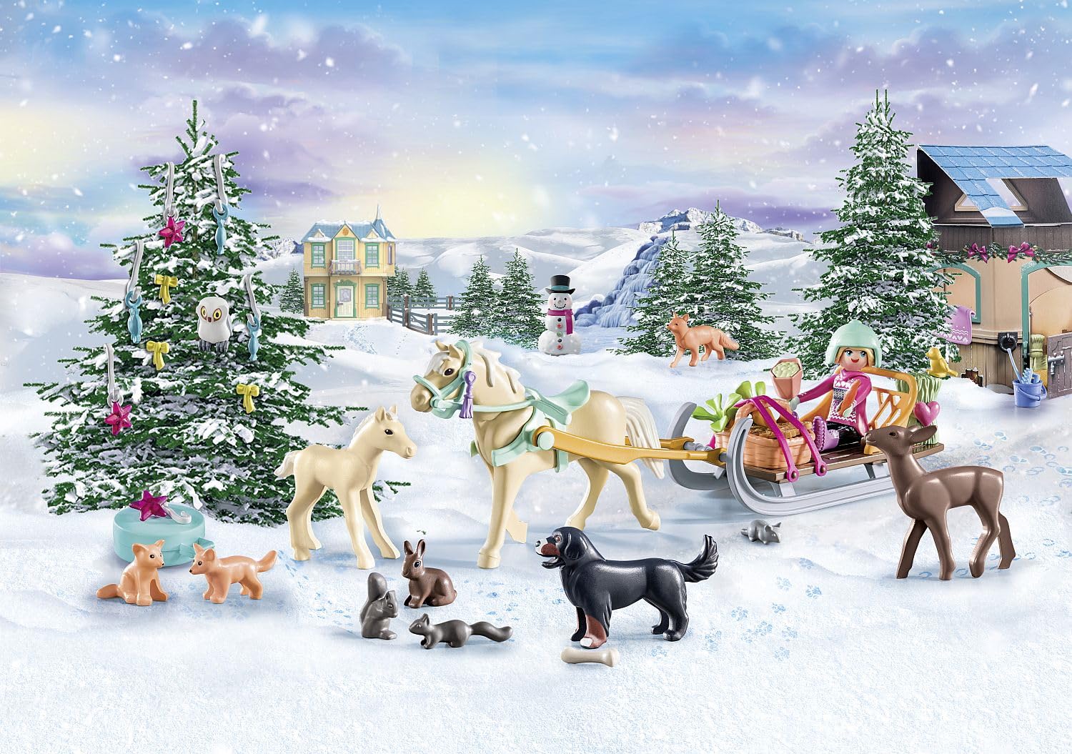Playmobil assembled sleigh and barn set showing scene build and display possibilities