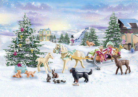 Playmobil assembled sleigh and barn set showing scene build and display possibilities