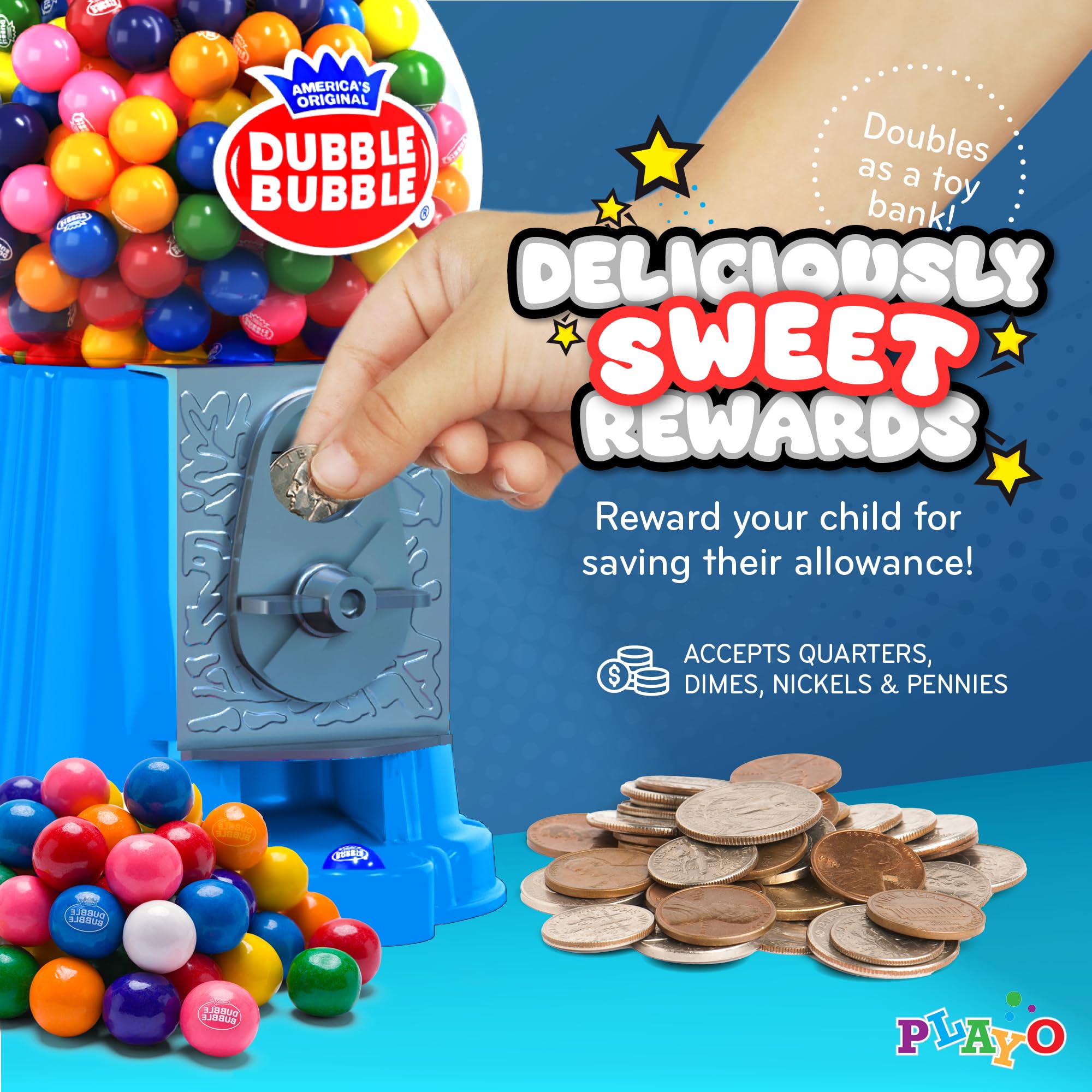 Playo close-up of assorted colorful gumballs highlighting bright flavors benefit