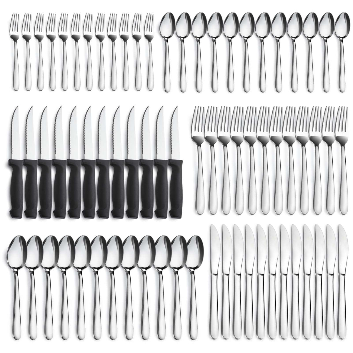 Pleafind front view of full 72-piece flatware set shows complete service