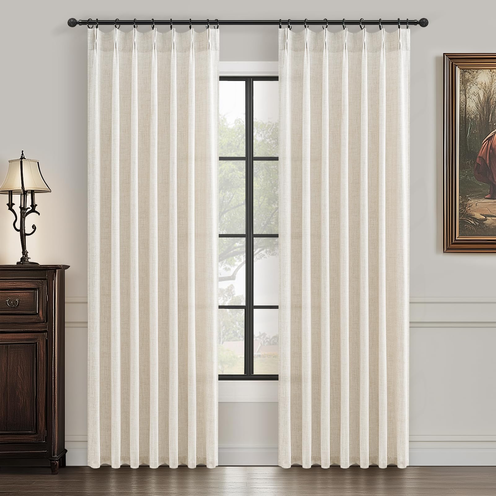 PleatedDrapes front view of two cream beige panels showing tailored finish and style