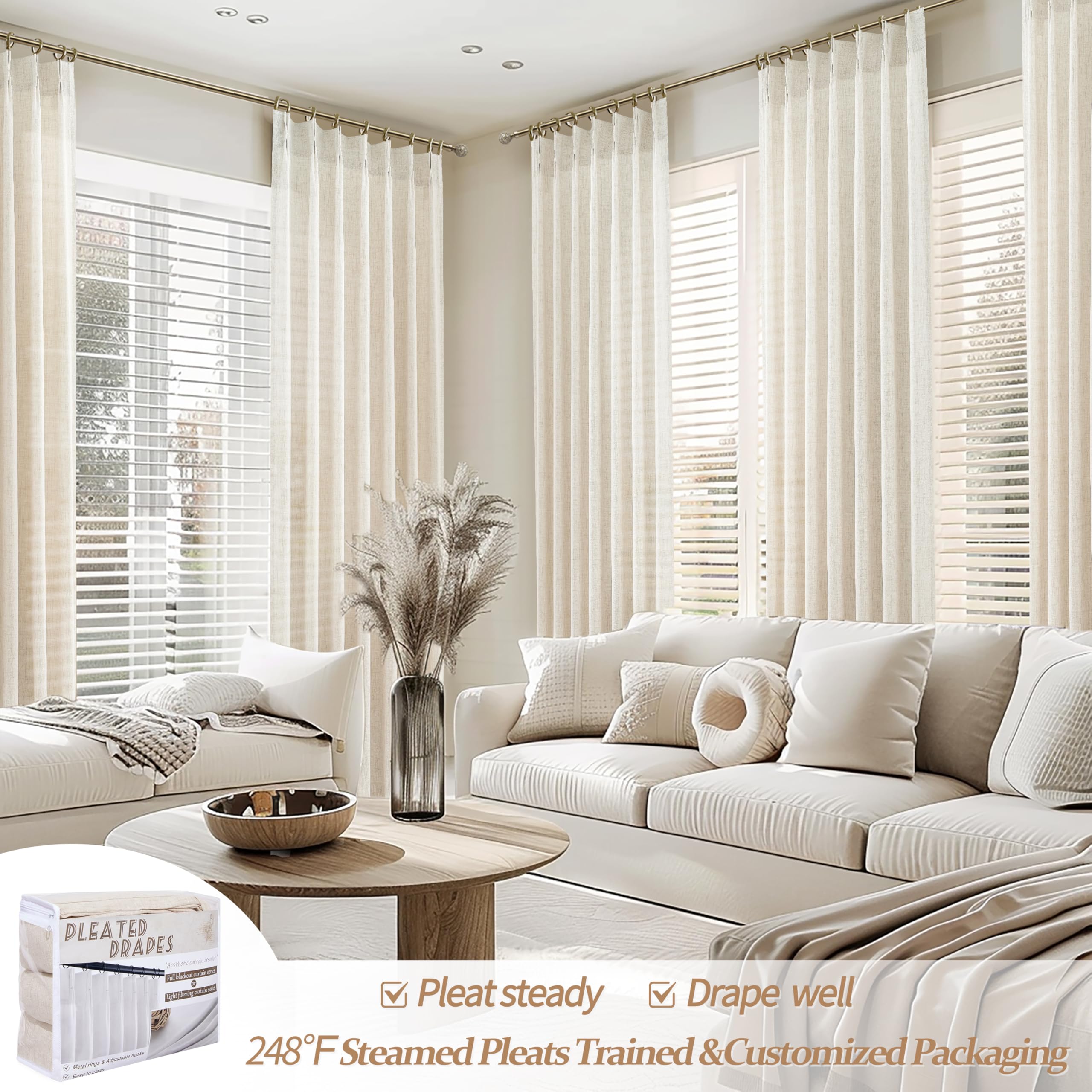 PleatedDrapes metal rings and adjustable hooks displayed for easy hanging versatility