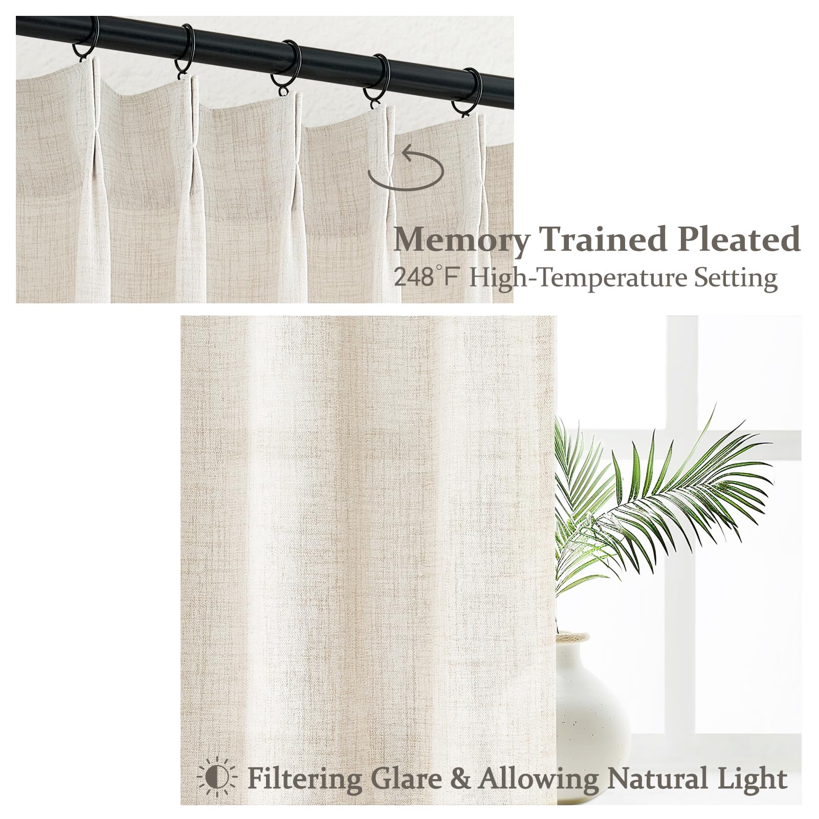 PleatedDrapes fabric texture showing 30% linen 70% polyester weave for durability