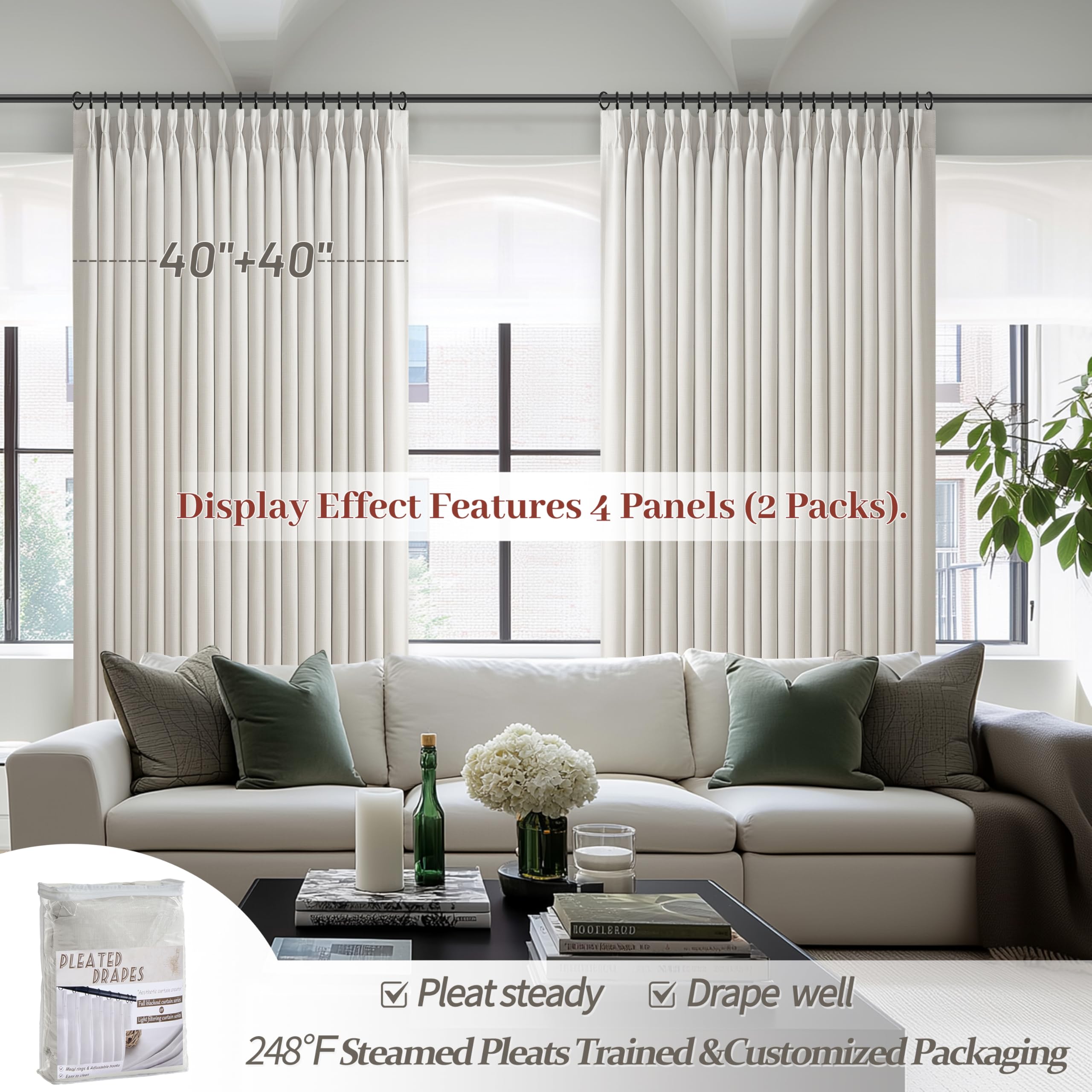 PleatedDrapes weighted hem and pleat delivering even hang and reduced gaps