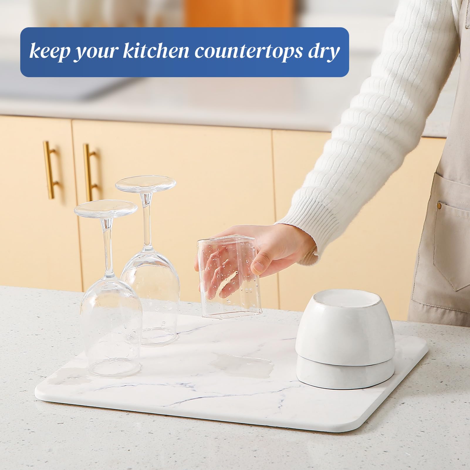 Plentio mat in use with cups and plates demonstrating quicker drying and tidy countertops