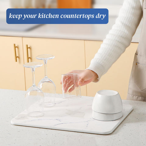 Plentio mat in use with cups and plates demonstrating quicker drying and tidy countertops