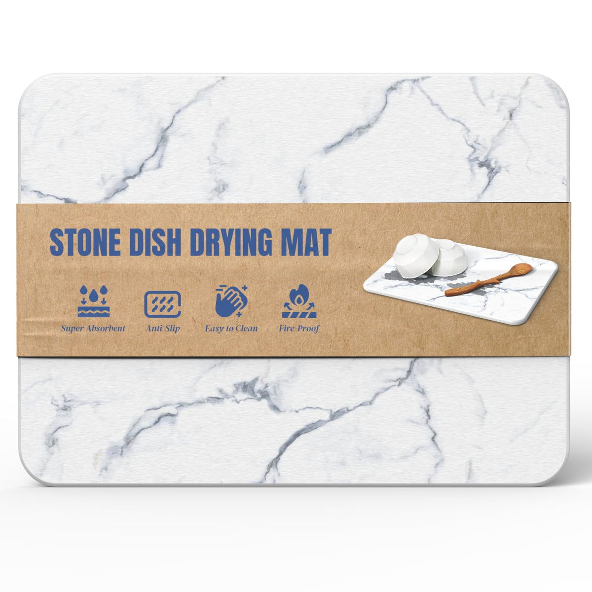 Plentio stone drying mat front view showing neat counter organization and fast absorption
