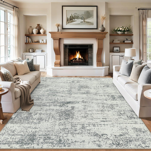 PLHXFR front view of 9x12 rug showing modern abstract grey decor and balance