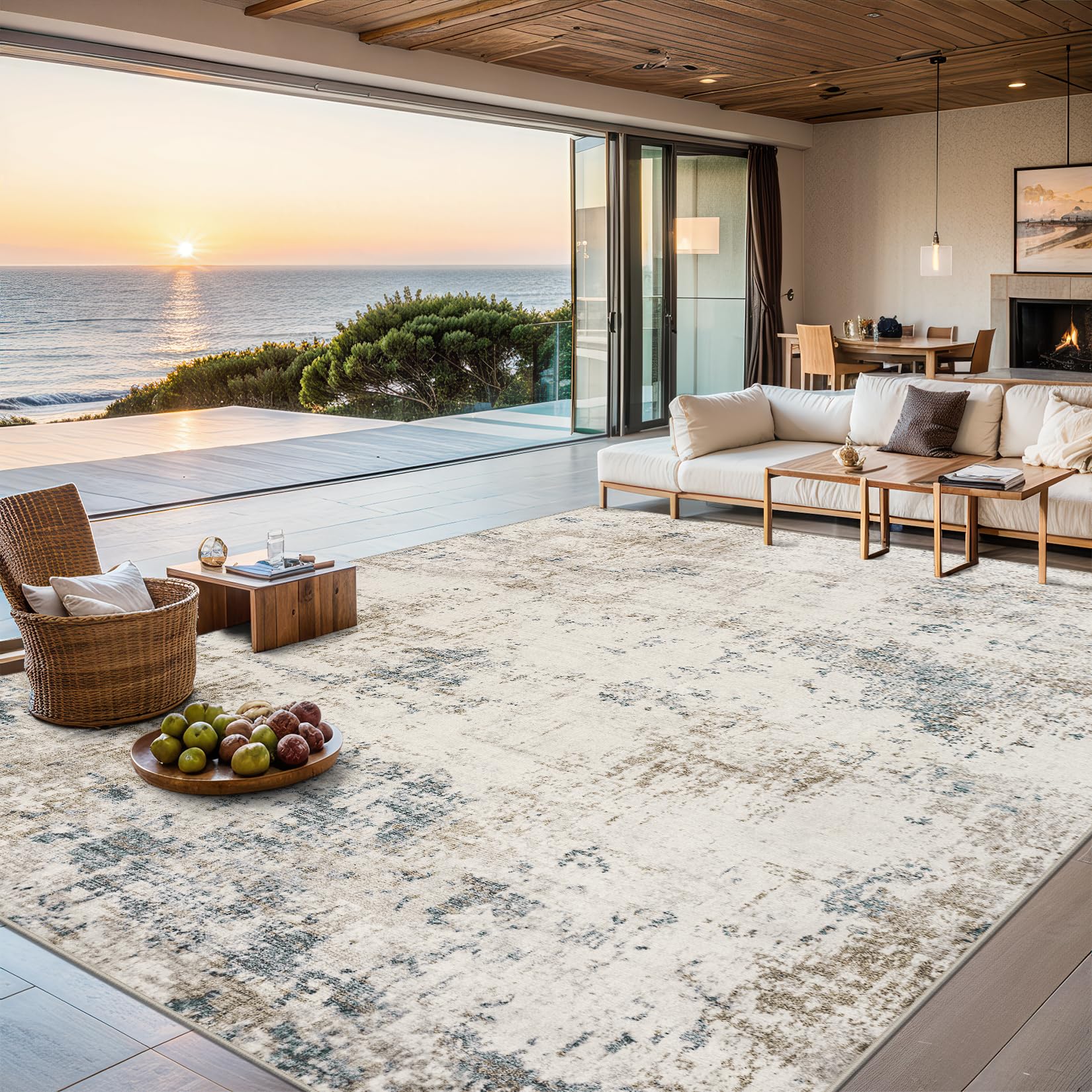 PLHXFR front view of 8x10 rug showing modern abstract design and neutral tones for living rooms