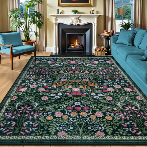 PLHXFR front view dark green floral rug showing design and room impact