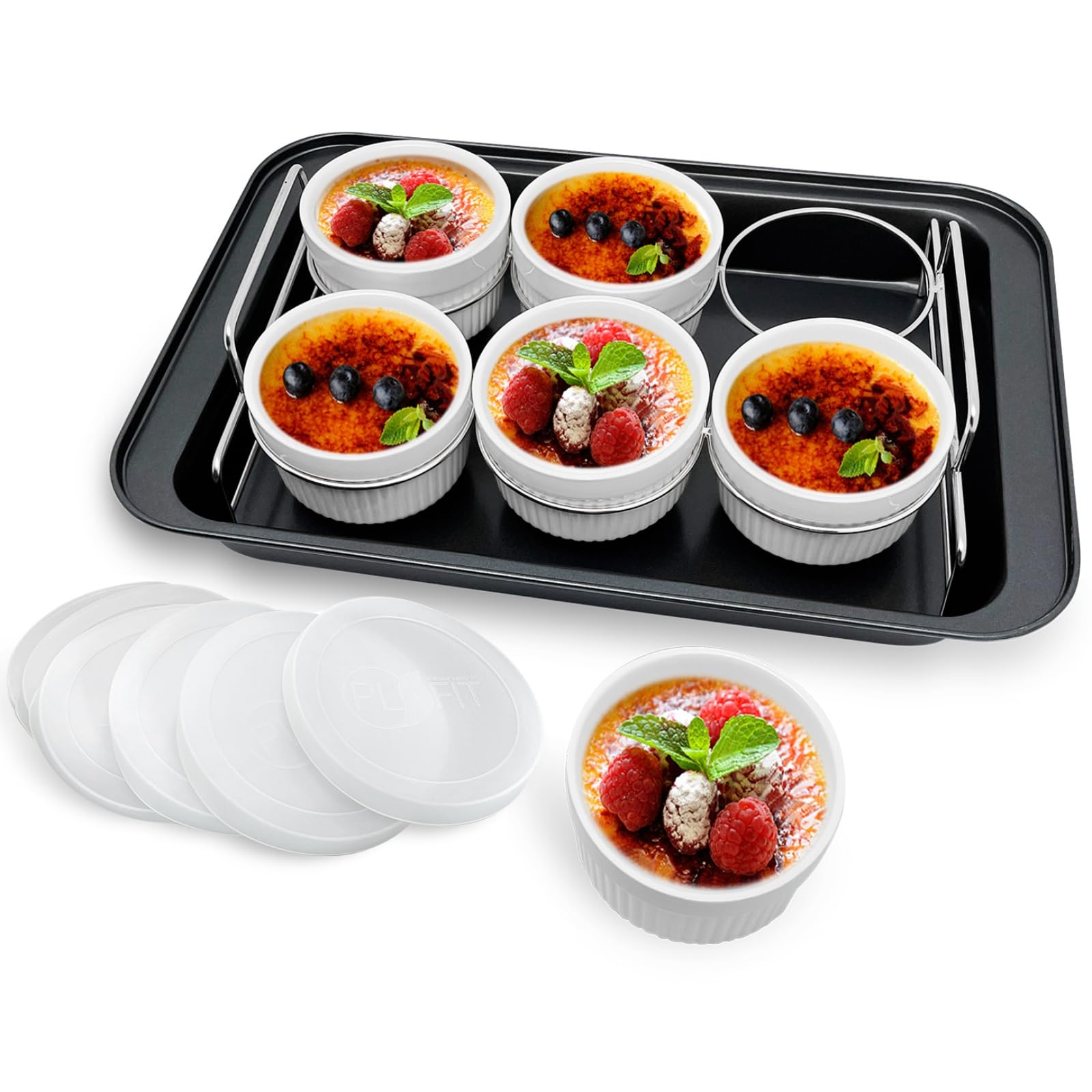PLSFIT front view of six white porcelain ramekins showing elegant serving benefit