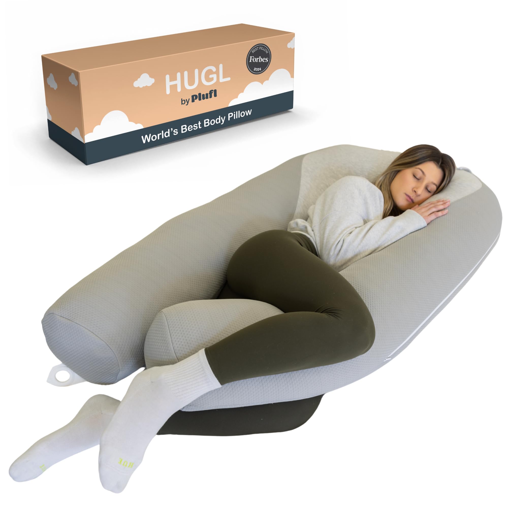 Plufl frontal view of U-shaped grey pillow showing full-body support benefits