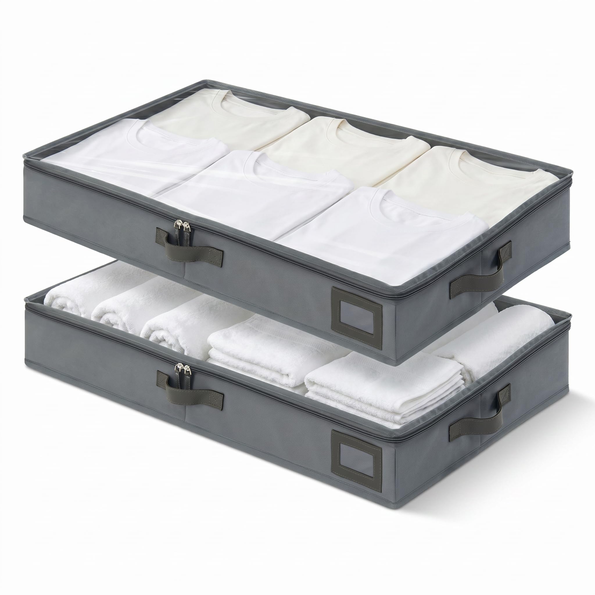 PLUMGEAN front view of charcoal grey 4-inch under-bed bins showing clean design and capacity