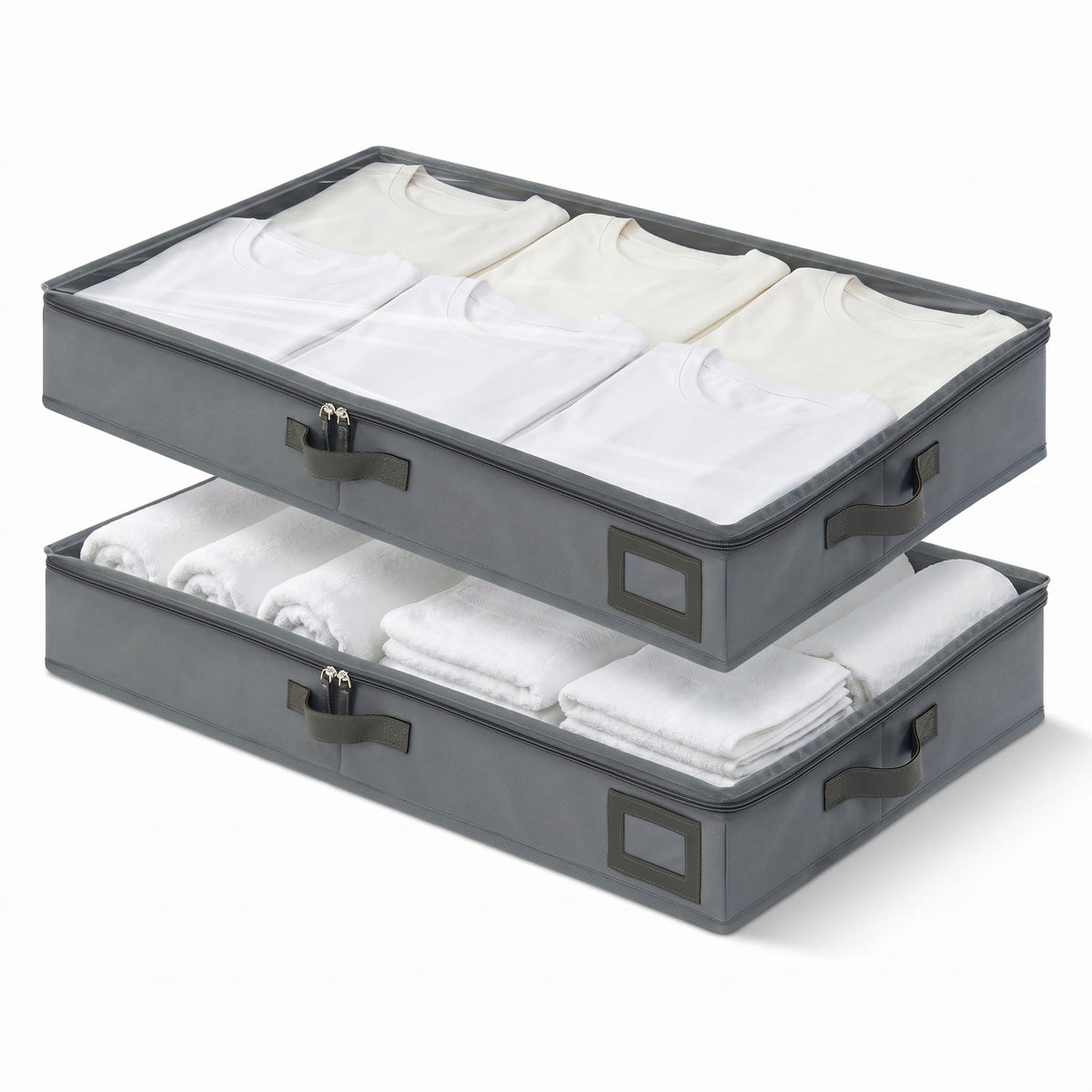 PLUMGEAN front view of charcoal grey 4-inch under-bed bins showing clean design and capacity