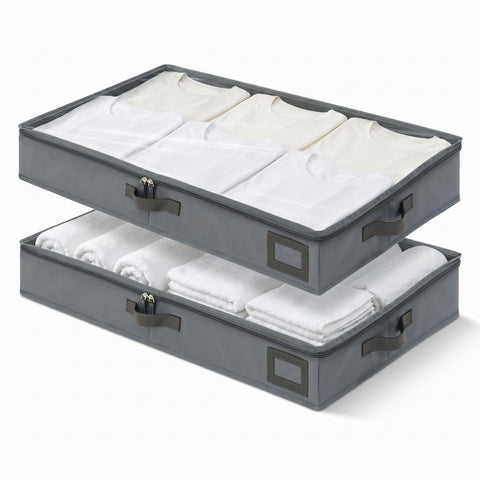 PLUMGEAN front view of charcoal grey 4-inch under-bed bins showing clean design and capacity