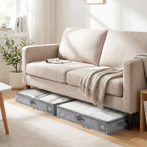 PLUMGEAN next to shoes to show slim 4-inch height and usable storage comparison