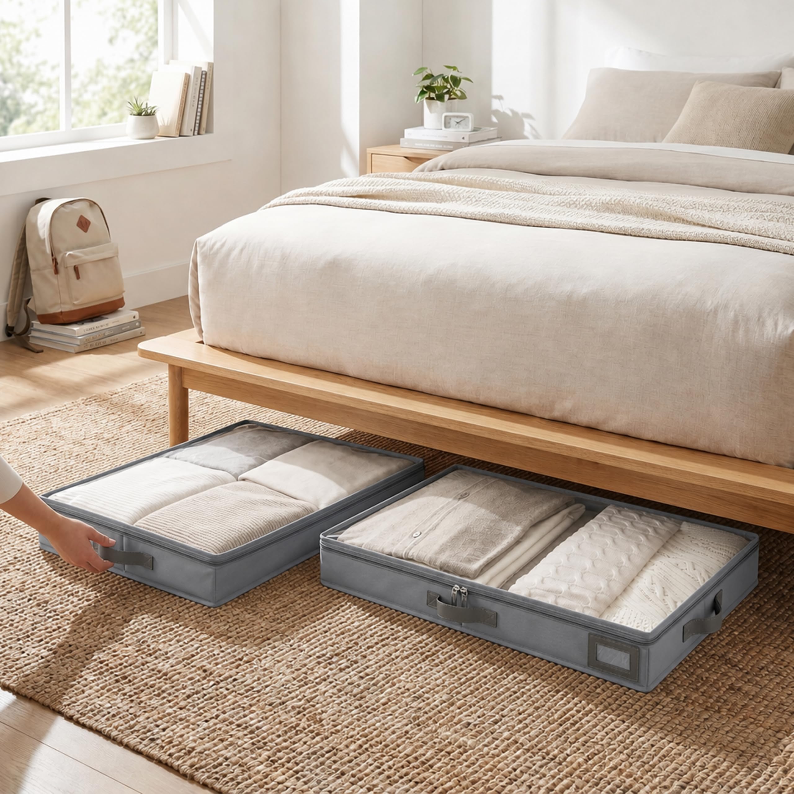 PLUMGEAN sliding bin under bed demonstrating space-saving access and neat storage