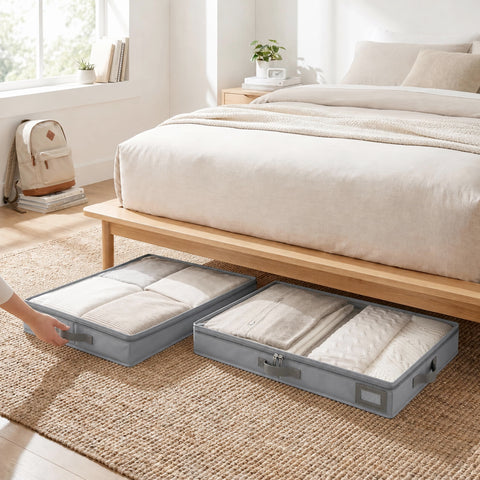 PLUMGEAN sliding bin under bed demonstrating space-saving access and neat storage